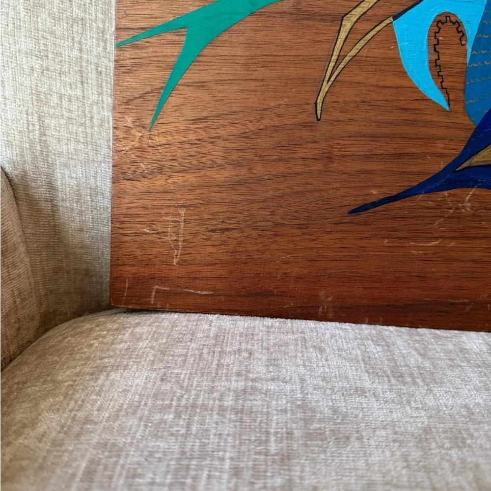Vintage MCM Blue and Gold Abstract Wall Art Painted Birds on Wood